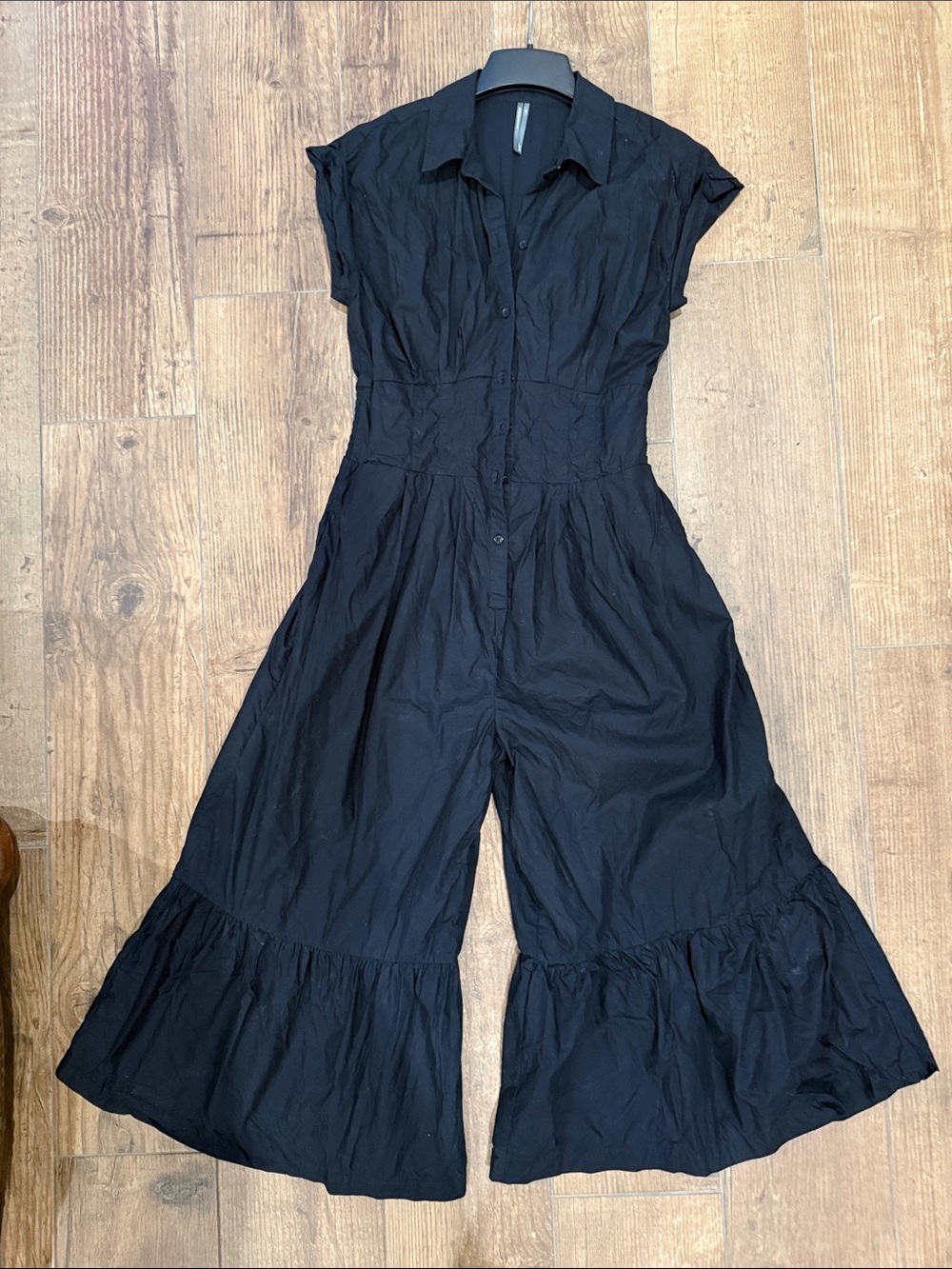 Anthropologie Black Button-Front Smocked Wide Leg Jumpsuit